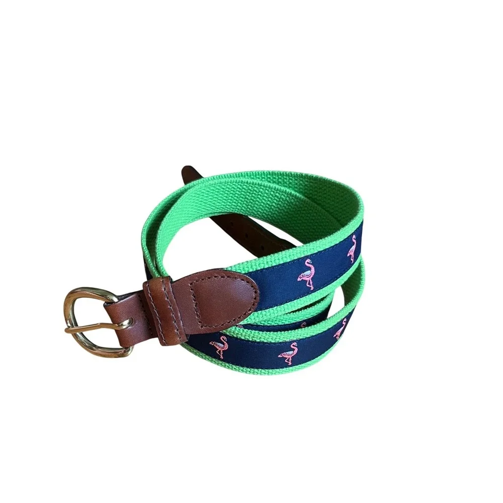 VTG Barrons‎ Hunter Leather Solid Brass Men's Belt 42 USA Pink Flamingos Preppy